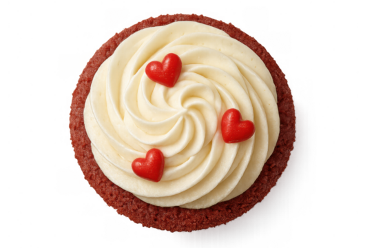 Red velvet cupcake with creamy white frosting and decorative red hearts for celebrating valentine's day or love, on transparent background
