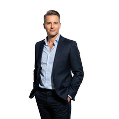 Fototapeta premium Professional man in a dark suit and light blue striped shirt smiling confidently with hands in pockets isolated on transparent background