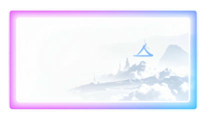 Neon-framed window overlooking distant white peaks, wispy clouds, and an abstract symbol floating in the atmosphere