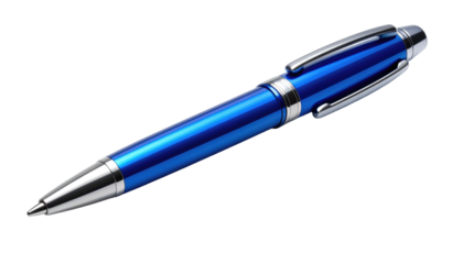 A sleek, blue metal ballpoint pen with silver accents angled on a black background, casting a subtle shadow