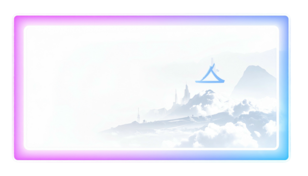 Neon-framed window overlooking distant white peaks, wispy clouds, and an abstract symbol floating in the atmosphere