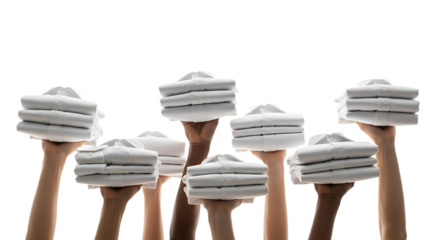 Diverse Hands Holding Stacks of Clean, Folded White Shirts on White