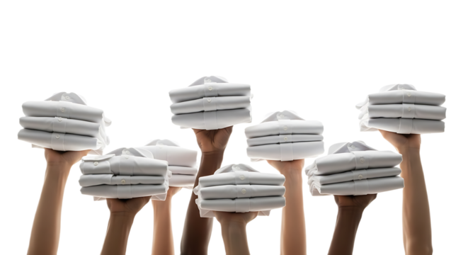 Diverse Hands Holding Stacks of Clean, Folded White Shirts on White