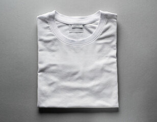 Top view of a neatly folded plain white cotton t-shirt with a blank neck tag, perfect for apparel branding and clothing design mockup on a neutral gray surface.