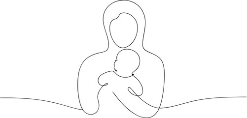 Single line drawing of mother holding baby infant child