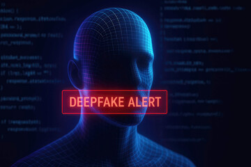 Wireframe human head with DEEPFAKE ALERT text covering mouth against code background deepfake