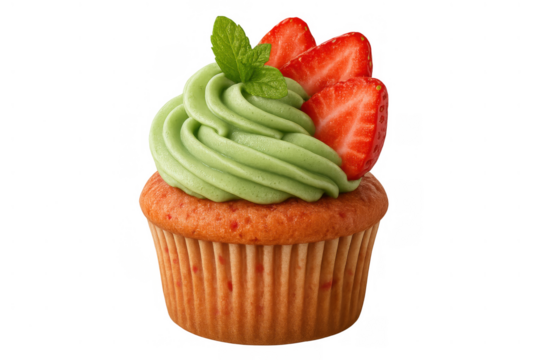 Delicious cupcake with green matcha frosting, fresh strawberries, and mint leaves, celebrating sweet treats, transparent background
