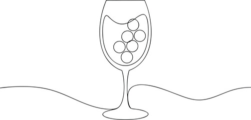 Single line drawing of wine glass with grapes continuous line