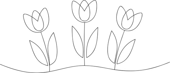 Three outline tulips on a wavy ground line flower line art