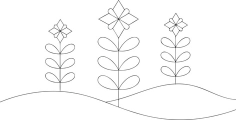 Three stylized flowers with leaves on a wavy ground