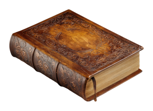 Antique leather-bound book display library isolated on transparent background