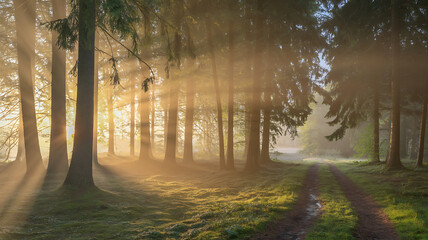 Golden sunbeams pierce through misty evergreen forest illuminating a tranquil woodland path in early morning light