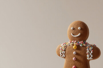closeup of gingerbread man decorated with festive embellishments against clean background