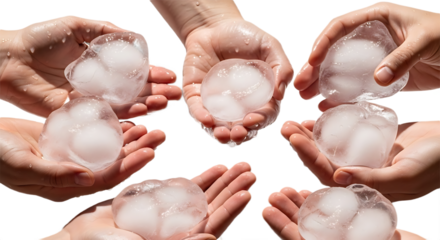 Multiple Wet Hands Holding Large Melting Ice Chunks on White Background