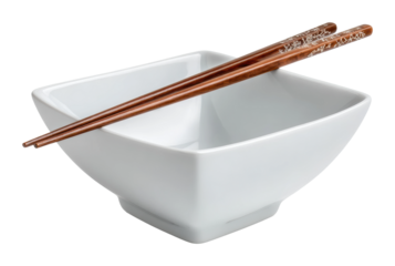 Chopsticks resting on white bowl kitchen food isolated on transparent background