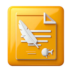 A 3D yellow square icon featuring a feather quill, paper, and an insect