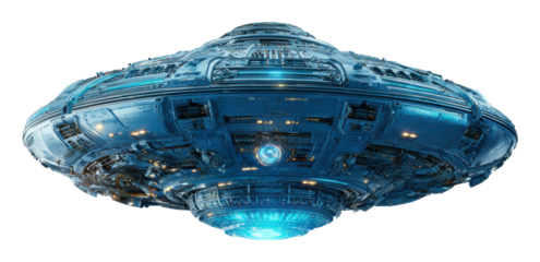 Alien spacecraft descending over earth digital sci-fi environment isolated on transparent background