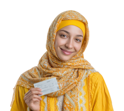 Celebrating identity young woman with id in bright atmosphere isolated on transparent background