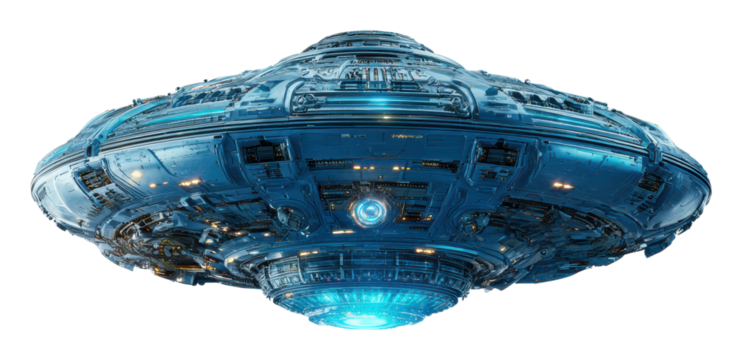 Alien spacecraft descending over earth digital sci-fi environment isolated on transparent background