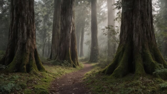 A tranquil path winds through a misty ancient redwood forest.