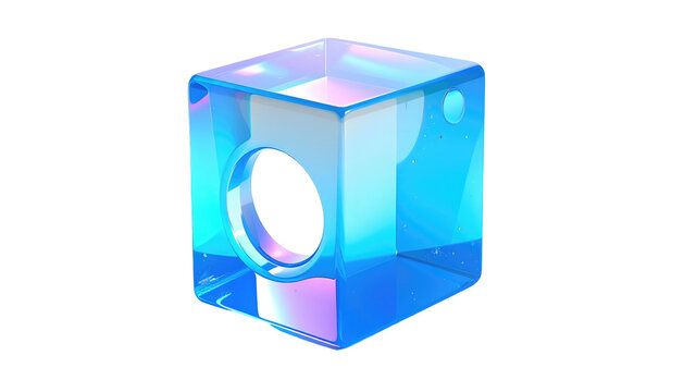 Shiny, semi-transparent blue cube with a circular hole through its center, reflecting various light shades on black