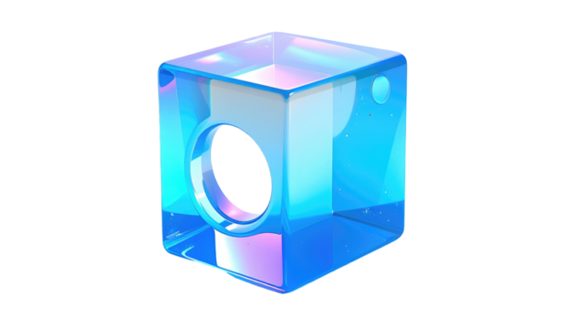 Shiny, semi-transparent blue cube with a circular hole through its center, reflecting various light shades on black