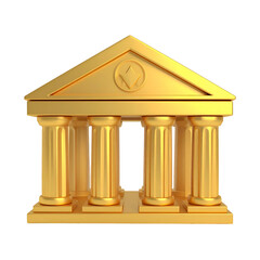 A golden, classical building with columns, triangular roof, and a circular emblem