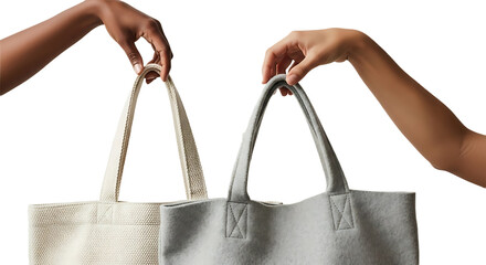 Two Diverse Hands Holding Stylish Reusable Tote Bags for Shopping