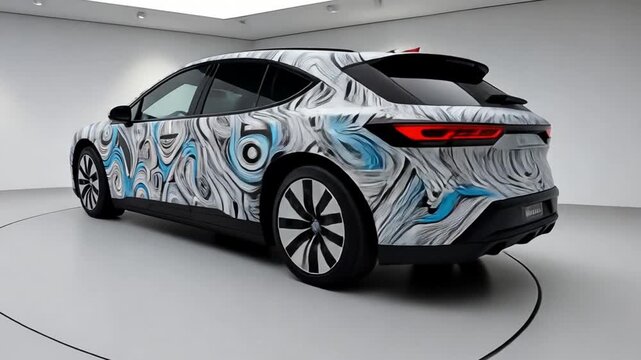 Futuristic electric vehicle prototype with a unique camouflage pattern for testing and development, isolated in a clean studio