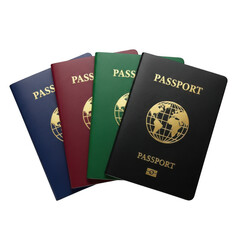 Four colorful passports displayed showing global travel and international identity transparent background