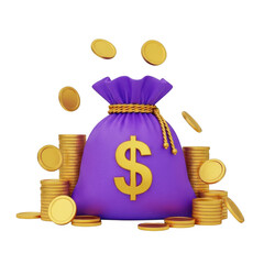Purple money bag overflowing with gold coins symbolizing wealth and fortune transparent background