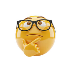Thinking emoji wearing glasses expressing doubt and contemplation transparent background