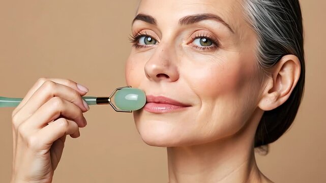 Mature woman gently massaging her face with a jade roller, performing a skincare and anti-aging ritual. Promoting self-care