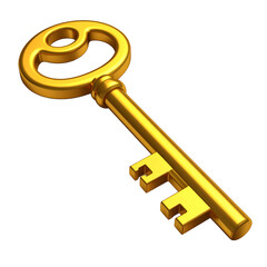 Gleaming golden key with ornate handle and teeth, isolated on a black background