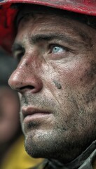 Obraz premium A portrait of a man, face smudged, gaze cast upwards, with a red hardhat and blue eyes conveys a sense of resilience and unwavering determination.