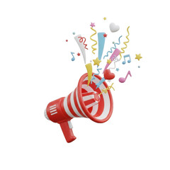 Festive megaphone explodes with colorful confetti and musical notes celebration transparent background