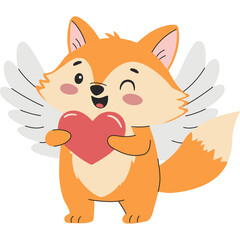 Orange Fox Cupid Holding Pink Heart With White Wings Winking In A Childlike Cartoon Style With A Transparent Background