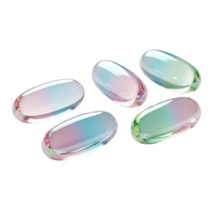 Five iridescent oval gemstones scattered on a black surface appearing luminous transparent background