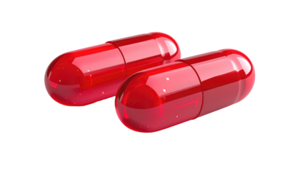 Two red translucent capsule pills are shown against a dark background, appearing smooth and polished in the lighting