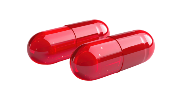 Two red translucent capsule pills are shown against a dark background, appearing smooth and polished in the lighting