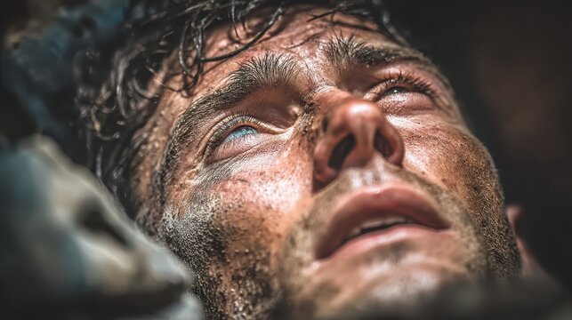 Close-up of a disoriented man, face covered in dirt, eyes rolled back in his head, conveying distress and vulnerability in a gritty setting.