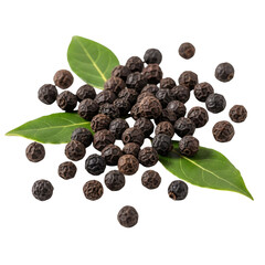 Pile of black peppercorns and bay leaves aromatic spice blend ingredient transparent background