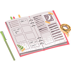 Open planner with notes and moon sticker on pages showing daily schedule with pen and tape measure beside it on a plain background with floral accents
