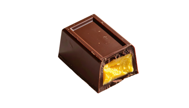 One rectangular, dark chocolate candy piece is cut open to reveal a bright, orange filling, isolated against black