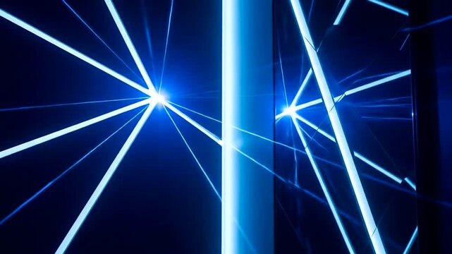 Abstract light beams intersecting in a dark space, creating dynamic patterns