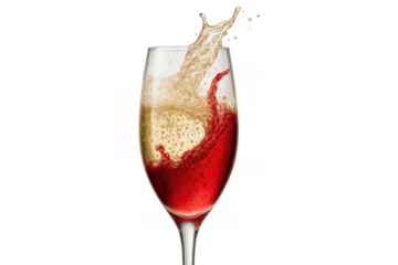 Mixing red wine and champagne in a glass, creating a dynamic splash with liquid movement, transparent background