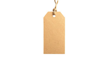 Isolated kraft paper tag, tan, with twine tie hanging against a stark black background. Plain and simple