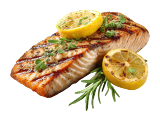 Grilled salmon with lemon kitchen food bright isolated on transparent background