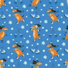Winter Dachshund Dog Ice Skating Seamless Pattern. Playful Animal Blue Background with cute Puppy Sports Activity Fun Clothing Accessories Snow and Snowflakes. Flat vector illustration