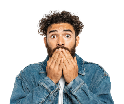 Surprised man covers mouth portrait bright emotion isolated on transparent background - Powered by Adobe